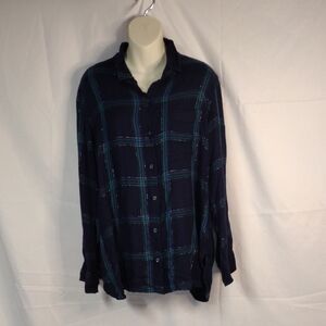 Old Navy Women Top Blouse Shirt Blue Glitter Plaid Button Up Collar Size XL